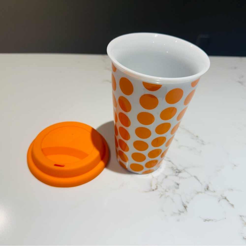 Lenox Porcelain Ceramic Travel Mug 8oz Polka Dot Orange Silicone Lid Coffee Cup